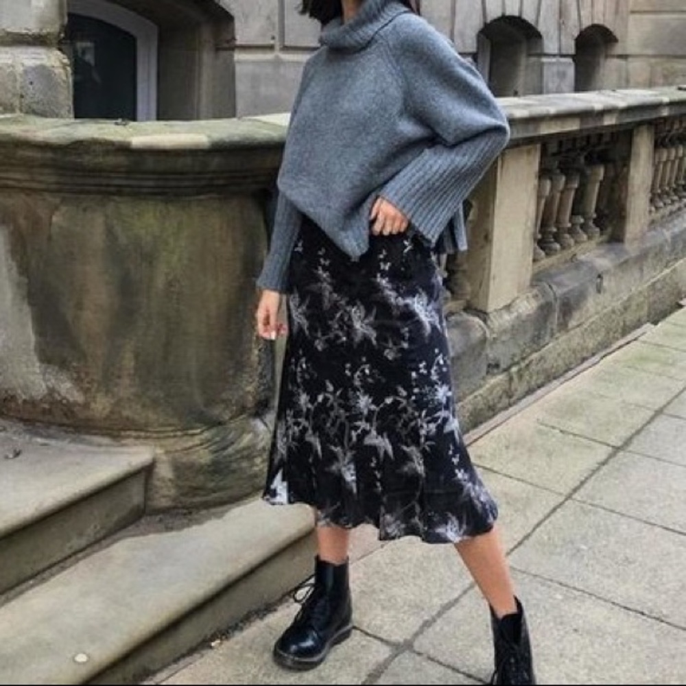 AllSaints Elly Floral Silk Midi Skirt
